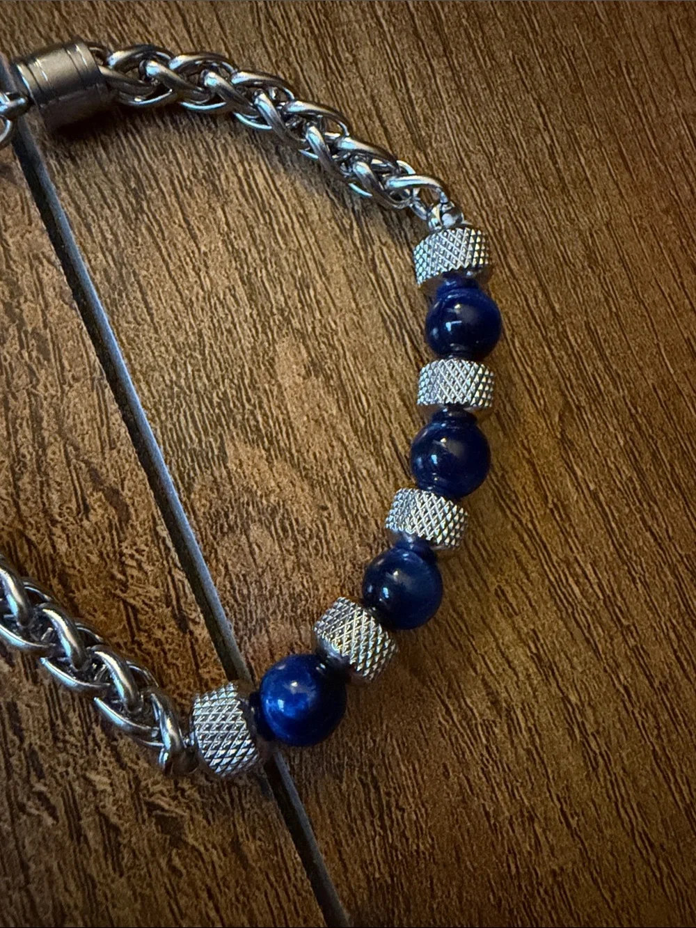 Silver Chain Bracelet with Blue Beads. Stainless Steel